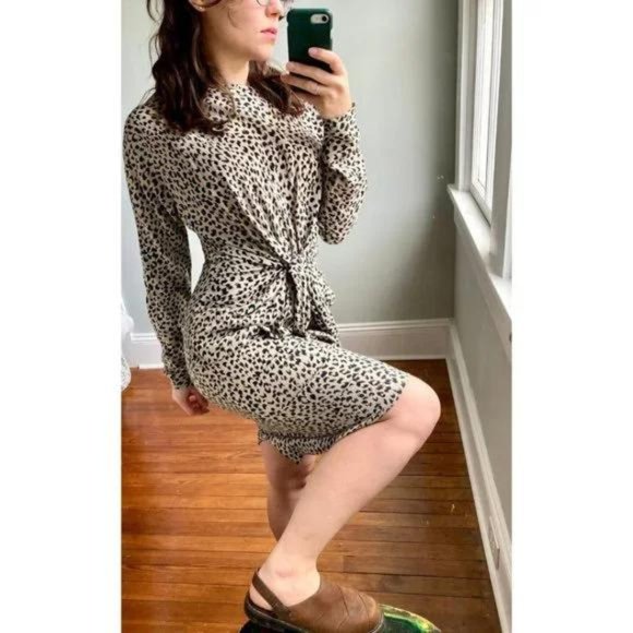 Vintage 90s White Black Leopard Cheetah Animal Print Ruched Dress - Picture 10 of 10